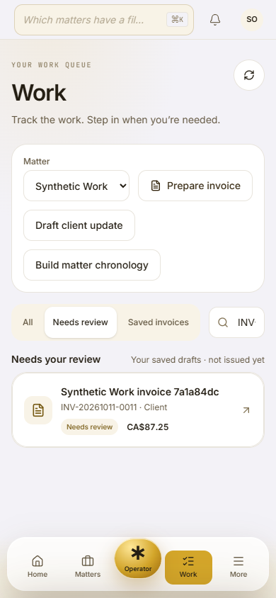 Mobile Work screen with Home, Matters, centered Operator, Work and More in the bottom dock.