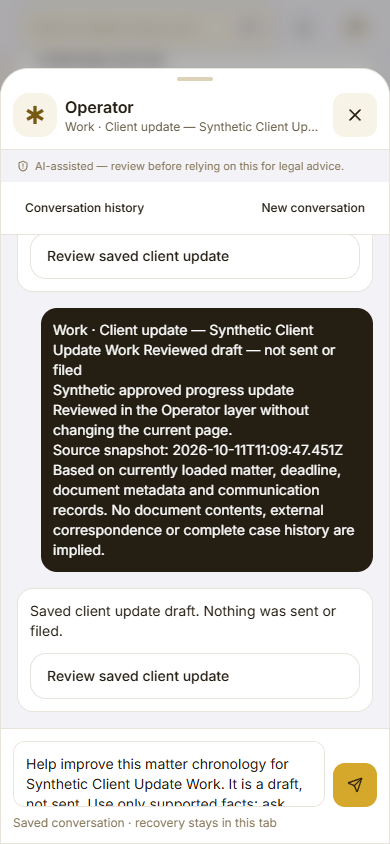 Operator conversation reviewing a saved Work draft in context without replacing the current task.