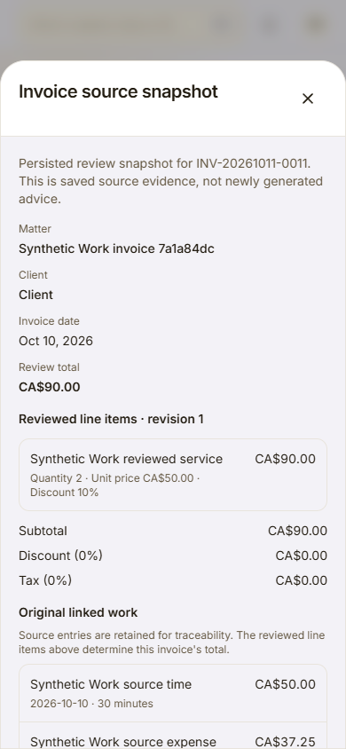 Invoice source layer showing the recorded line items and original linked work.