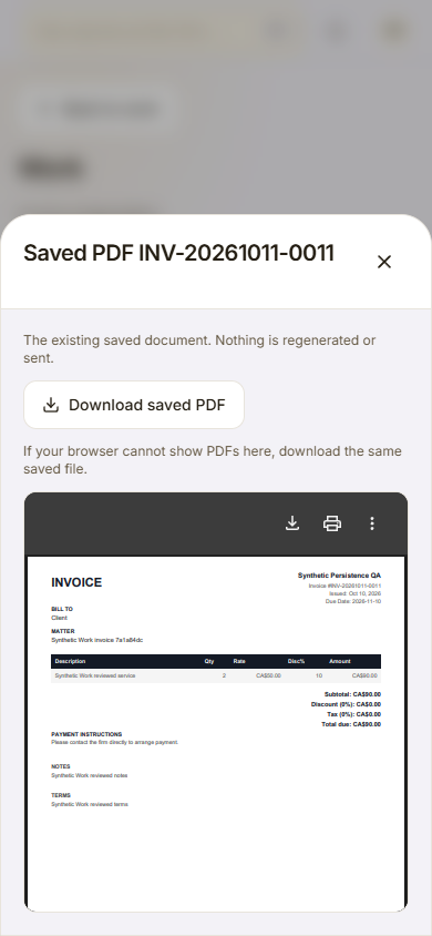 Saved invoice PDF opened in a separate document layer with a return-to-sources control.